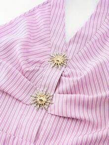 SHEIN PariChic 女款夏季休閒條紋露背掛脖短洋裝 - 粉色 - 查看 4