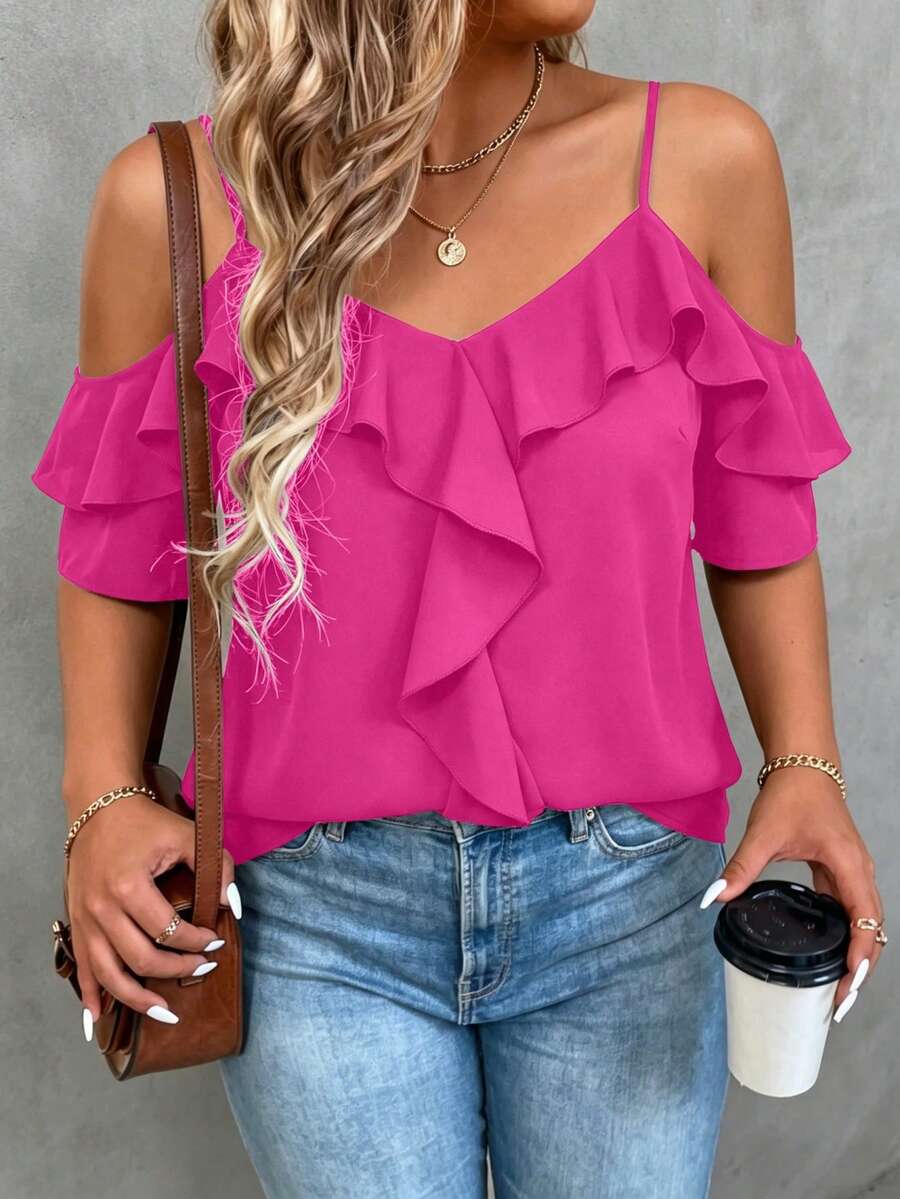 Breezaya Plus Size Black Cold Shoulder Ruffle Top - Sexy Spaghetti Strap V-Neck Ruffle Trim Short Blouse, Designed For Curvy Women - Hot Pink - View 1