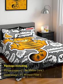 GARFIELD | SHEIN 3 件字母和卡通图案床上用品套装，拉绒面料，柔软温暖，黑色羽绒被套，适合单人/双人/大号/特大号床，适用于卧室装饰 - 灰色 - 查看 7
