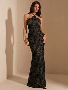 SHEIN BAE Spring/Summer Women's Black Flocked Halter Neck Lace Trim Knit Mermaid Dress, Black Dress, Flocked Lace Dress, Ball Gown, Elegant Dress, Women's Wedding Guest Dress - Black - View 1