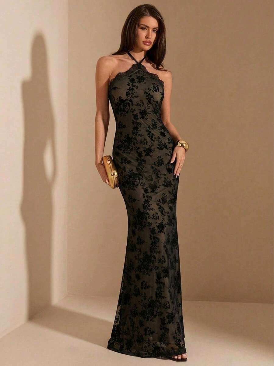 SHEIN BAE Spring/Summer Women's Black Flocked Halter Neck Lace Trim Knit Mermaid Dress, Black Dress, Flocked Lace Dress, Ball Gown, Elegant Dress, Women's Wedding Guest Dress - Black - View 1
