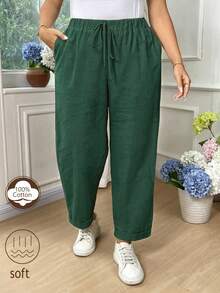 EMERY ROSE Plus Size Women's Casual Solid Color Cotton Folded Long Pants Fall - Dark Green - View 1
