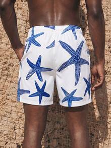 Manfinity KASUA Pantalones cortos de playa con estampado de estrella de mar y cintura con cordón para hombres de talla grande, vacaciones - Azul - Ver 2