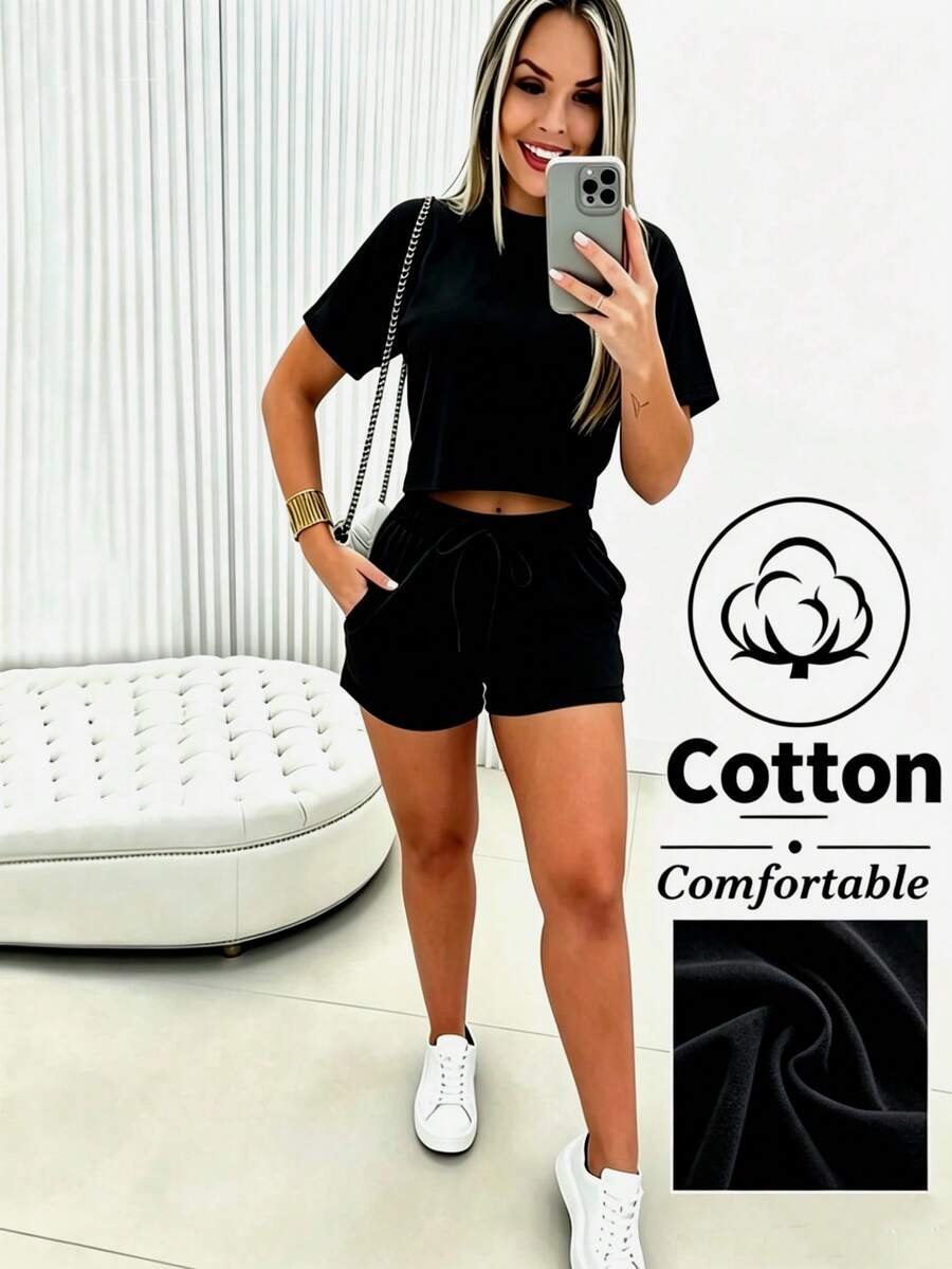 EMERY ROSE Conjunto casual diario de top de manga corta y cuello redondo de unicolor y shorts para mujer - Negro - Ver 1