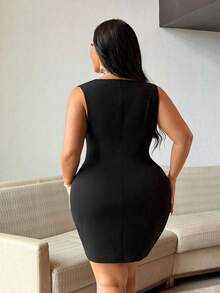 NU&NOW Robe moulante sexy en dentelle ajourée col V sans manches pour femmes grandes tailles - Noir - Voir 2