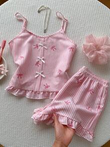 Comfortcana Cute Bow Decor Pink Striped Bow Print Camisole & Shorts Pajama Set - Pink - View 6