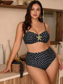 Swim Chiccia Plus Size Black Swimwear Set With Metal Starfish Decoration Simple Sexy Elegant European And American Style Party Vacation Summer - Black and White - View 4