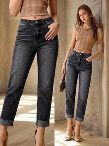 Selenza Celana Jeans Denim Panjang Selutut Kasual Serbaguna Ukuran Plus untuk Wanita dengan Kantong - Hitam - View 1