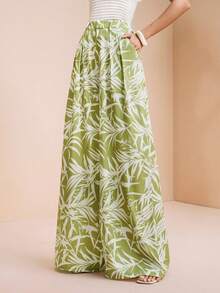 Breezaya Women's Woven Casual Hawaiian Cute Floral Wide Leg Pants Vacation Beach Green And White Autumn - Multicolor - View 4
