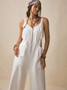 Levarali Women's Sleeveless Long Jumpsuit, Solid White With Tassels, Front Zipper, Straight Wide Leg Pants, Spring/Summer Elegant Cowboy Western Casual Boho - White - View 4