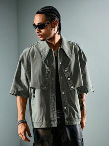 ROMWE MEN Grunge Punk Men's Summer Casual Structured Short Sleeve Denim Shirt - Blue - View 6