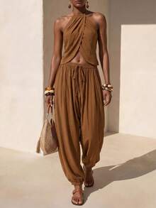 Zivah Summer Music Festival, Easter, Mother's Day, Western Sexy Style, Boho, Birthday Party Golf Modern Commute Vacation Halter Top Tapered Pants Set Pastal - Brown - View 12