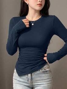 DAZY Asymmetrical Design Fitted Long Sleeve Women T-Shirt,Fall Clothes - Navy Blue - View 12