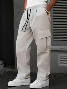 Manfinity Hypemode Men's Casual Fashion Street Solid Color Drawstring Waist Flap Pocket Cargo Pants - Grey - View 4
