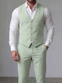 Manfinity Mode Men's Plus-Size Solid Colour Suit Waistcoat And Trouser Set For Weddings, Men's Formal Attire - Green - View 8