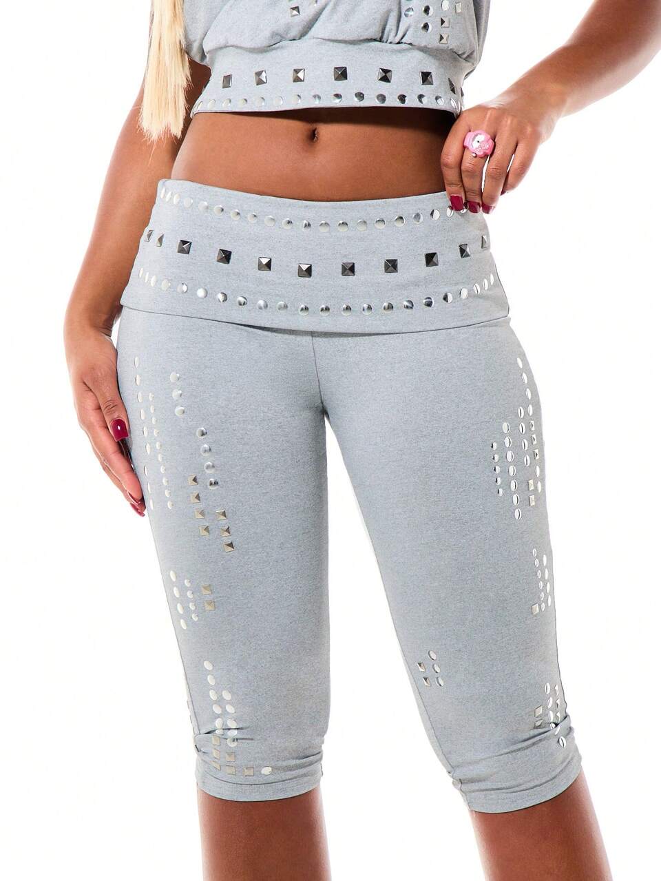 SUMWON WOMEN Folded Waistband Capri Leggings With Silver Studded Detail And Eyelet Embellishments Cropped Length