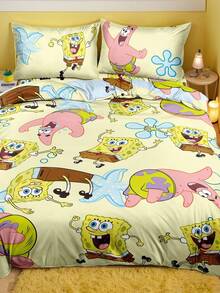SpongeBob SquarePants | SHEIN 3件組海洋動物卡通印花被套組，磨砂材質，柔軟保暖，藍色被套，雙面圖案，多種尺寸，適用單人床/雙人床/加大床/特大床，禮物首選 - 彩色 - 查看 5
