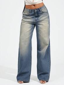 Denimoi Mid Rise Straight Leg Jeans Washed Denim Jeans Fashion Jeans Everyday Wear Flap Pocket Denim - Medium Wash - View 4
