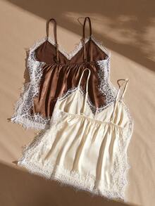 Lullawish Bohemian Boho Style, Lace Splice Satin Women's Pajama Top 2 Pieces Set - Multicolor - View 2