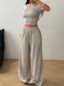 SHEIN Conjunto de 2 piezas para adolescentes con manga corta & pantalones largos, lazo rosa, adecuado para primavera/verano, deportes & desplazamientos - Multicolor - Ver 5