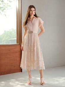 MOTF PREMIUM WOMEN'S CONTRAST LACE FLARE HEM BATWING SHORT SLEEVE BELTED DRESS - Pink - View 3