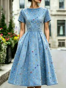SHEIN 女款優雅長洋裝，彩色水鑽裝飾，圓領，短袖，百褶下擺附口袋 - 彩色 - 查看 2