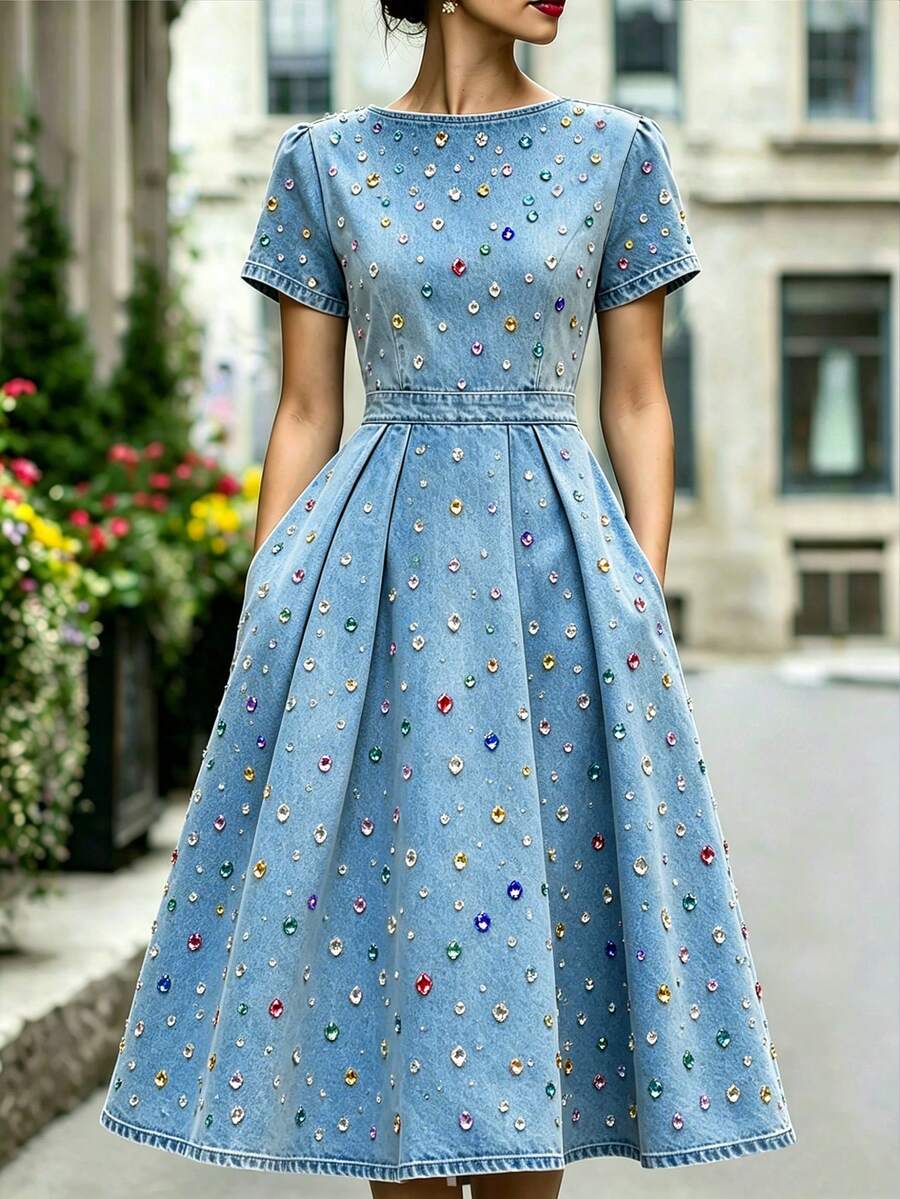 SHEIN 女款優雅長洋裝，彩色水鑽裝飾，圓領，短袖，百褶下擺附口袋