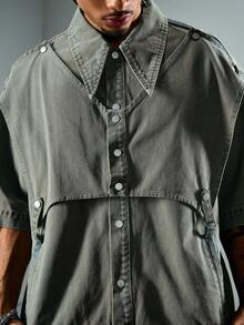 ROMWE MEN Grunge Punk Men's Summer Casual Structured Short Sleeve Denim Shirt - Blue - View 2