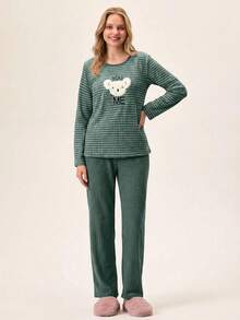 Loomlin 2pcs Contrast Colour Striped With Cute Koala Embroidery Detail PJ Set - Multicolor - View 4