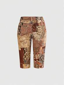 ROMWE Grunge Punk Short en jean ajusté vintage imprimé léopard & floral Y2K - Tabac - Voir 2
