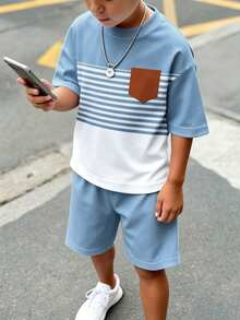 兒童青少年男孩休閒舒適時尚簡約圓領短袖T恤與短褲套裝 街頭度假風 柔軟舒適開學季套裝 - 白色 - 查看 5