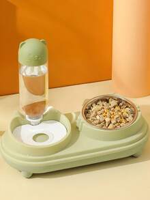 PETSIN 1SET 2 In 1 Automatic Water Supply Pet Double Bowl Feeder / Plastic Frame Stainless Steel Food Basin Cute Cat Head Shape Anti Slip Pet Feeding Tray, No Spill Splash Resistant Water Storage Design Easy Clean Detachable Structure - 500ml - View 9