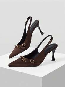Mnmlis Chic Brown Satin Pointed Toe Slingback Pumps For Women With Stylish Gold Hardware And Slim Stiletto Heel Fall Shoes - dark brown - View 6