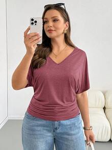 Shapeblank Plus Size Women Solid Color V-Neck Pleated Casual Versatile Daily Wear T-Shirt Club Formal Dark Purple Summer - Burgundy - View 8
