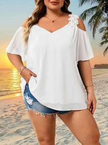 SHEIN CURVE+ 女款大尺碼夏季度假純色露肩休閒短袖襯衫 - 白色 - 查看 4