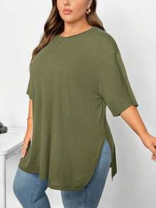 SHEIN CURVE+ Plus Size Women's Solid Color Round Neck Drop Shoulder Loose Casual T-Shirt Club Formal Army Green Summer - Army Green - View 4