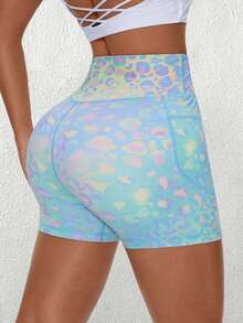 SHEIN Sovereign Charm Colorful Leopard Print High Waist Tight Workout Shorts, Summer Short Pastel Tie Dye Biker With Pockets Women Training Rave Yoga - Multicolor - View 5