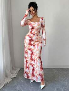 Elenzga 秋季新款法式油画风优雅淑女优雅时尚高端设计不对称金属扣方领修身A字褶皱遮肚露肩日常穿长袖连衣裙秋冬 - 彩色 - 查看 3