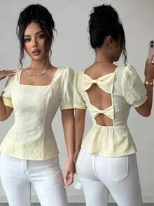 Elenzga Blusa de mujer elegante y de moda para el verano, cuello cuadrado amarillo, diseño de mangas abullonadas, decorada con patrón de jacquard floral vintage francés, dulce y encantadora, cintura esbelta, detalle de lazo hueco en la espalda. Adecuada para uso diario, ir al trabajo, vacaciones, citas - Amarillo - Ver 1