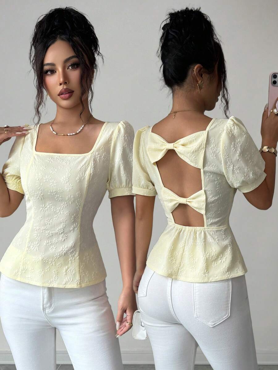 Elenzga Blusa de mujer elegante y de moda para el verano, cuello cuadrado amarillo, diseño de mangas abullonadas, decorada con patrón de jacquard floral vintage francés, dulce y encantadora, cintura esbelta, detalle de lazo hueco en la espalda. Adecuada para uso diario, ir al trabajo, vacaciones, citas - Amarillo - Ver 1