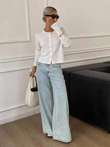 DAZY Women Round Neck Casual Loose Solid Color Open Front T-Shirt,Fall Clothes Preppy Tops Long Sleeve Women Tops - White - View 13