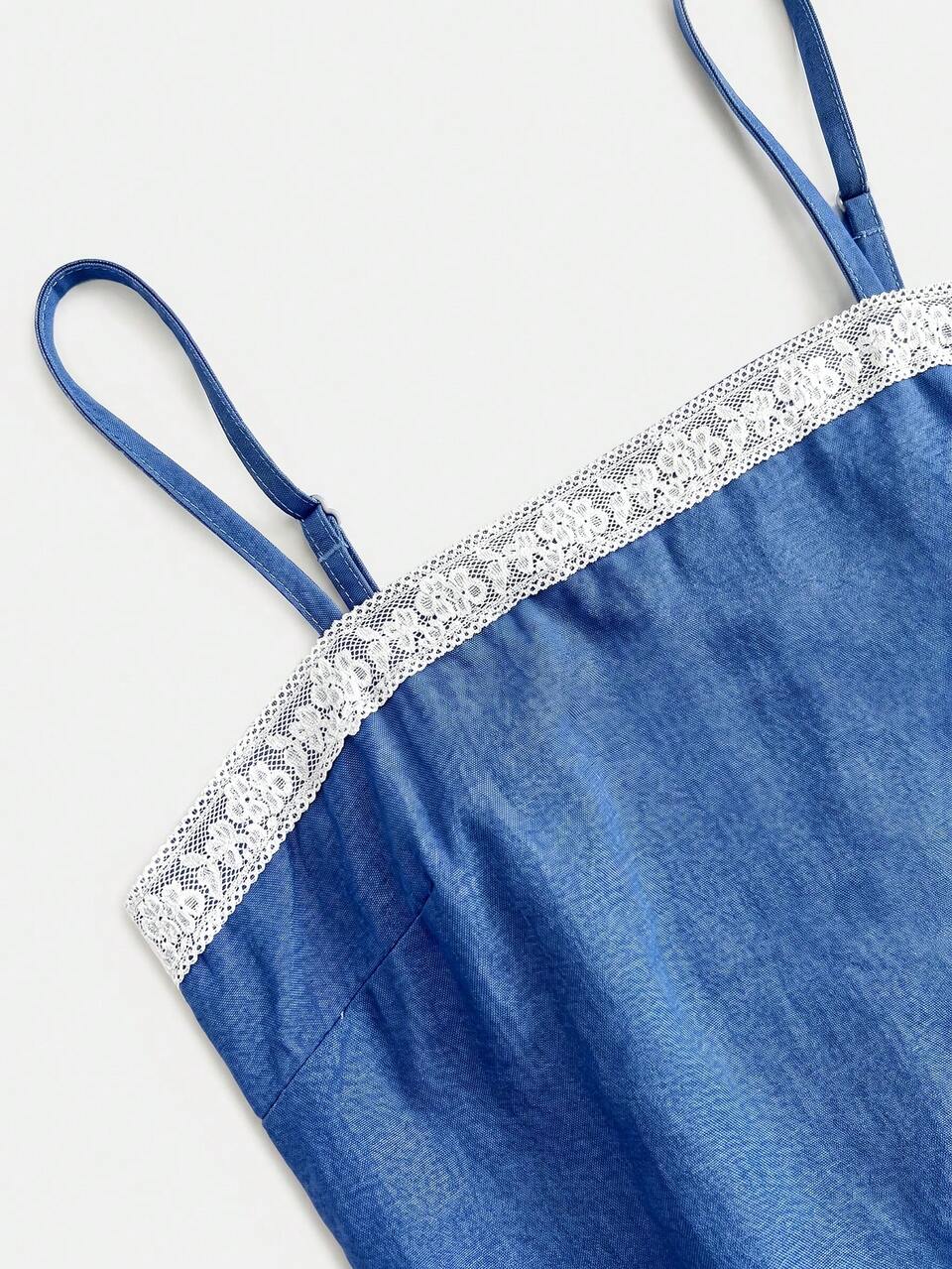 Denim Loose Fit Mini Dress With Pleated Skirt Hem, Lace Trim Detail Autumn Holiday Casual French Elegant Cute Vacation Steel Blue
