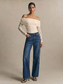 Poéselle Body de manga larga con hombros descubiertos, con volantes y estampado floral en malla con efecto flockado para mujer - Blanco - Ver 5