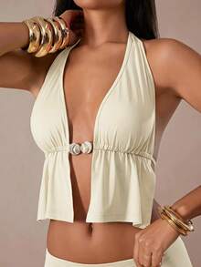 Hauture Women's Solid Color Ruched Halter Top And Skirt Casual Daily 2-Piece Set - Yellow - View 2