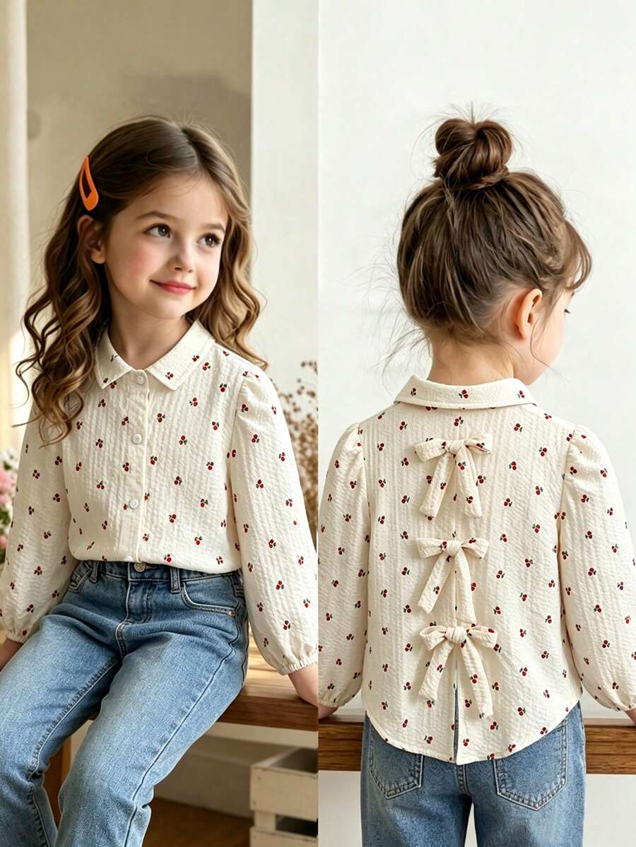 SHEIN Young Girl Textured Cherry Print Single-Breasted Fashion Shirt - Apricot - View 1