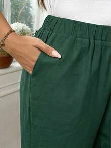 EMERY ROSE Plus Size Women's Casual Solid Color Cotton Folded Long Pants Fall - Dark Green - View 5