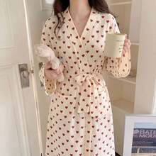 1件新款超級仙女愛心印花女款長袖睡袍，適合春夏秋季，多功能睡衣居家服浴袍睡裙，甜美高級感Ins風，可愛舒適田園浪漫居家服 - 愛心 - 查看 8