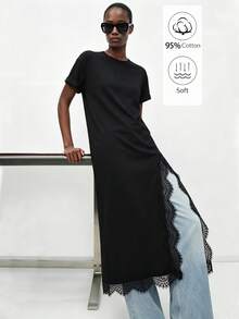 Lumivelle Spring/Summer New Women's Pure Cotton Lace Patchwork High Slit Waist-Cinching T-Shirt Dress, Daily Wear Design Solid Color Fitted Round Neck Roll Cuff - Black - View 7