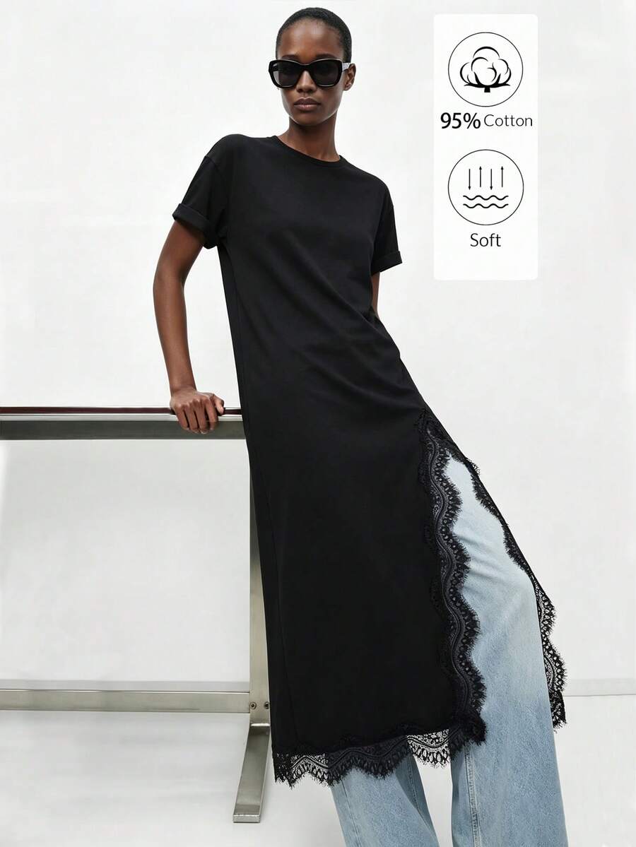 Lumivelle Spring/Summer New Women's Pure Cotton Lace Patchwork High Slit Waist-Cinching T-Shirt Dress, Daily Wear Design Solid Color Fitted Round Neck Roll Cuff