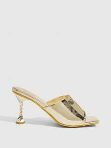 CUCCOO SZL Fashion Gold Square Toe High Heels Mullers Women's Slippers Lace-Up Metal Stiletto Sandals Summer Party Women's Heels - Gold - View 2